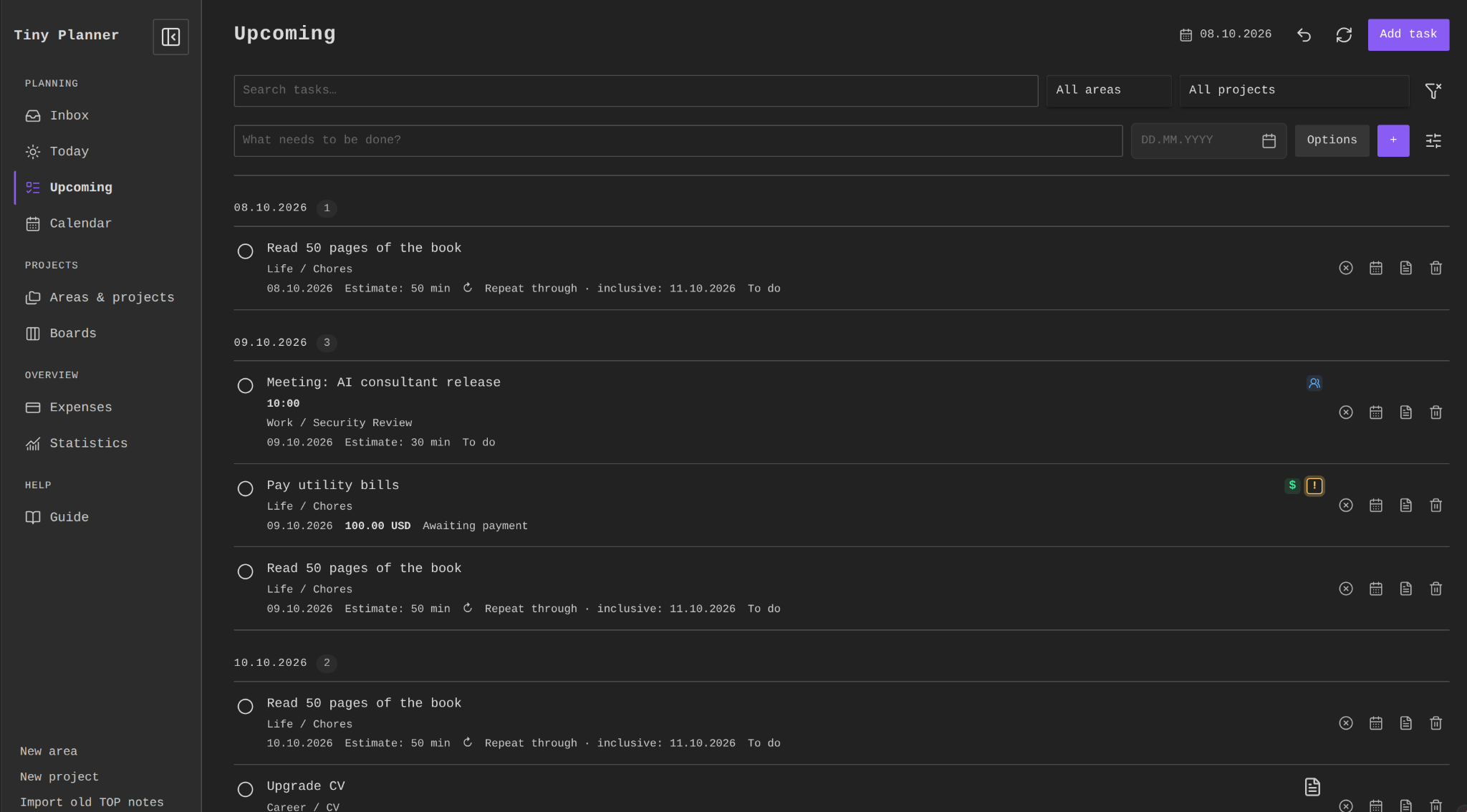 Upcoming tasks grouped by date with area and project filters