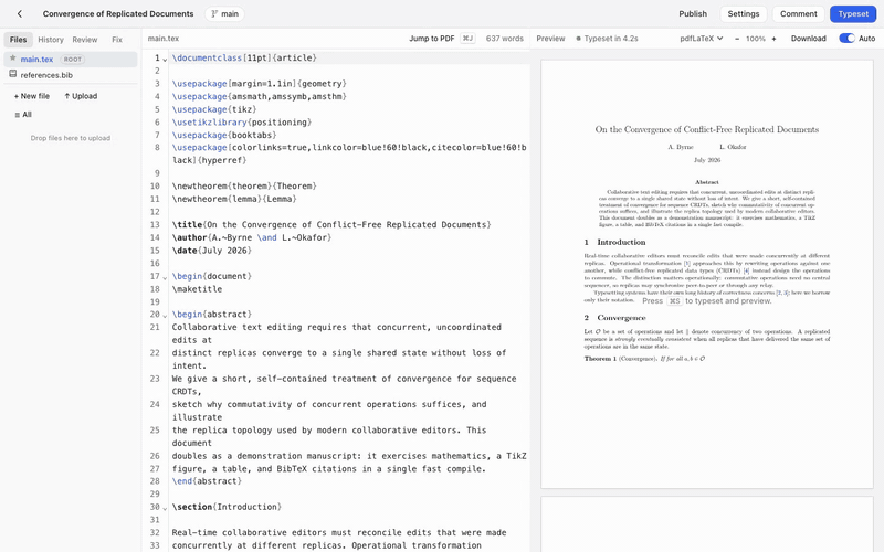 Claude edits the open document, adds a section, typesets, and History lists its commits with a review prompt