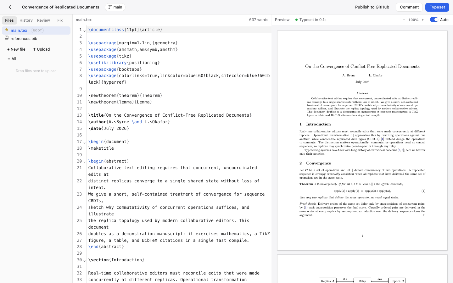Aldine editor: LaTeX source on the left, live PDF on the right, collaborator cursors visible