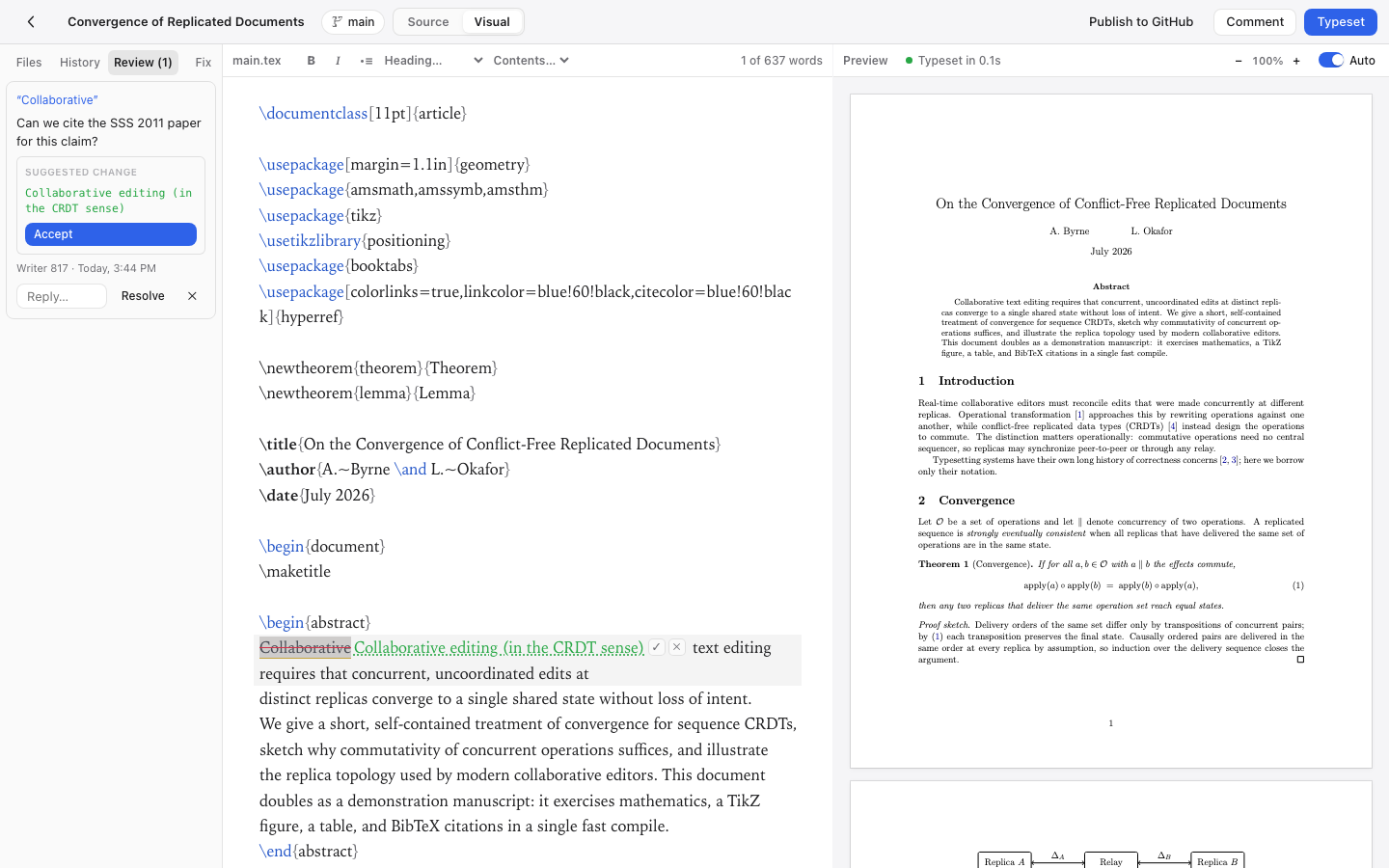 Review mode: anchored comment threads with suggested edits