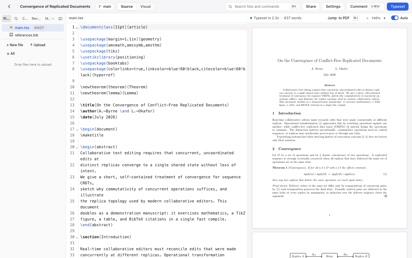 Aldine editor: LaTeX source on the left, live PDF on the right