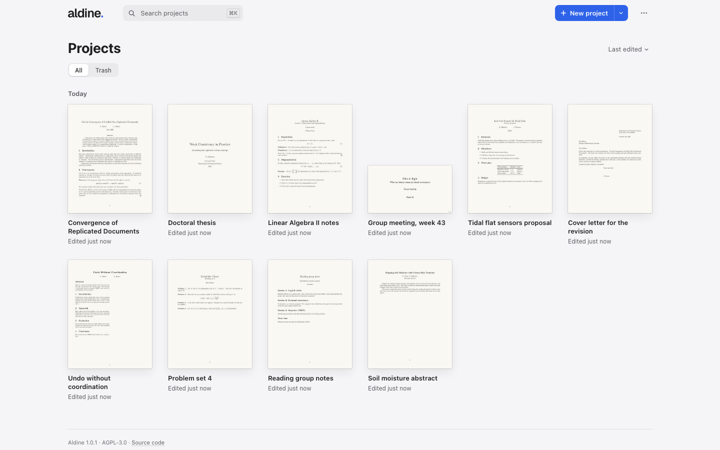 Home: the project list as a shelf of first pages, each from the project's last typeset