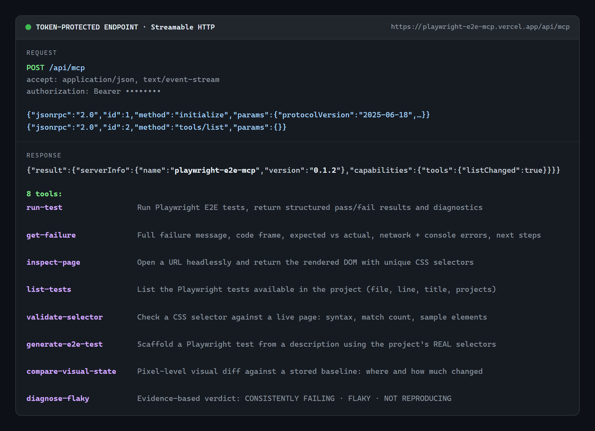 Live endpoint: initialize handshake and all 8 tools