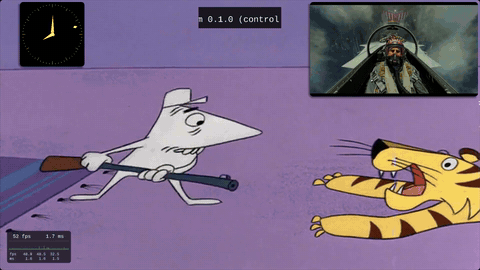 ricom in motion — boing-open, dissolve, and live spin / stretch / wobble on video windows, each captioned by a self-drawn OSD toast