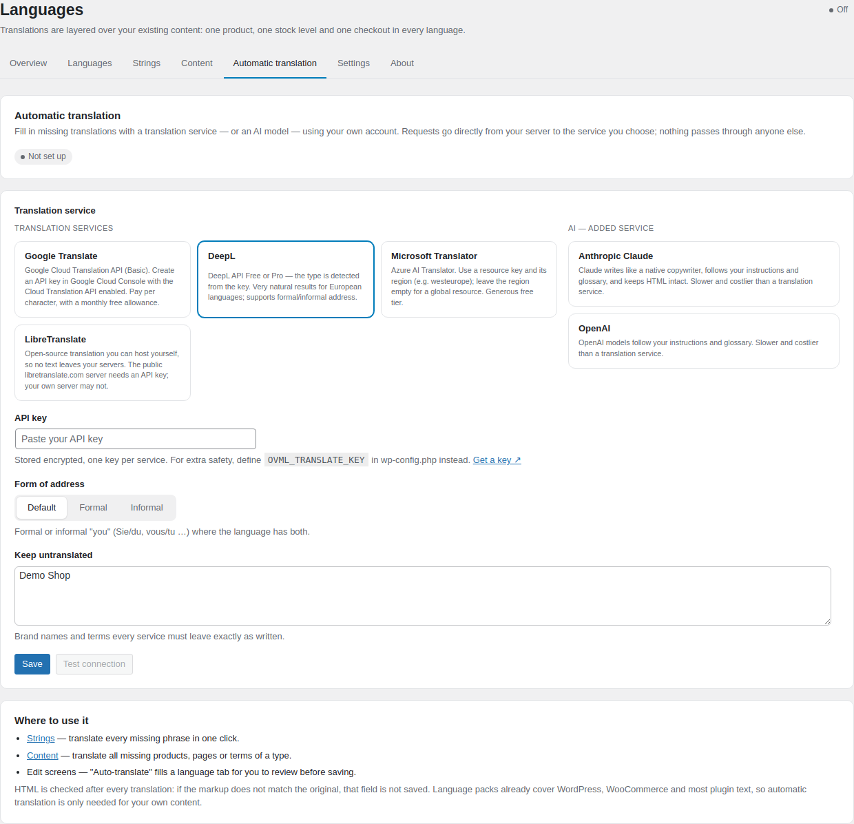 Automatic translation settings: Google, DeepL, Microsoft, LibreTranslate or AI