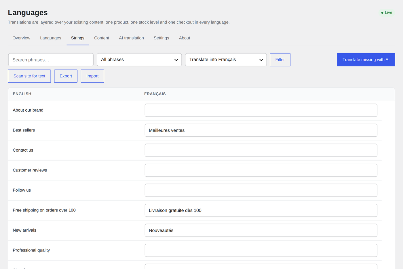 Strings: phrase editor with language picker and AI translation