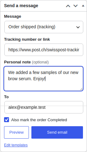 Order screen: Send a message box