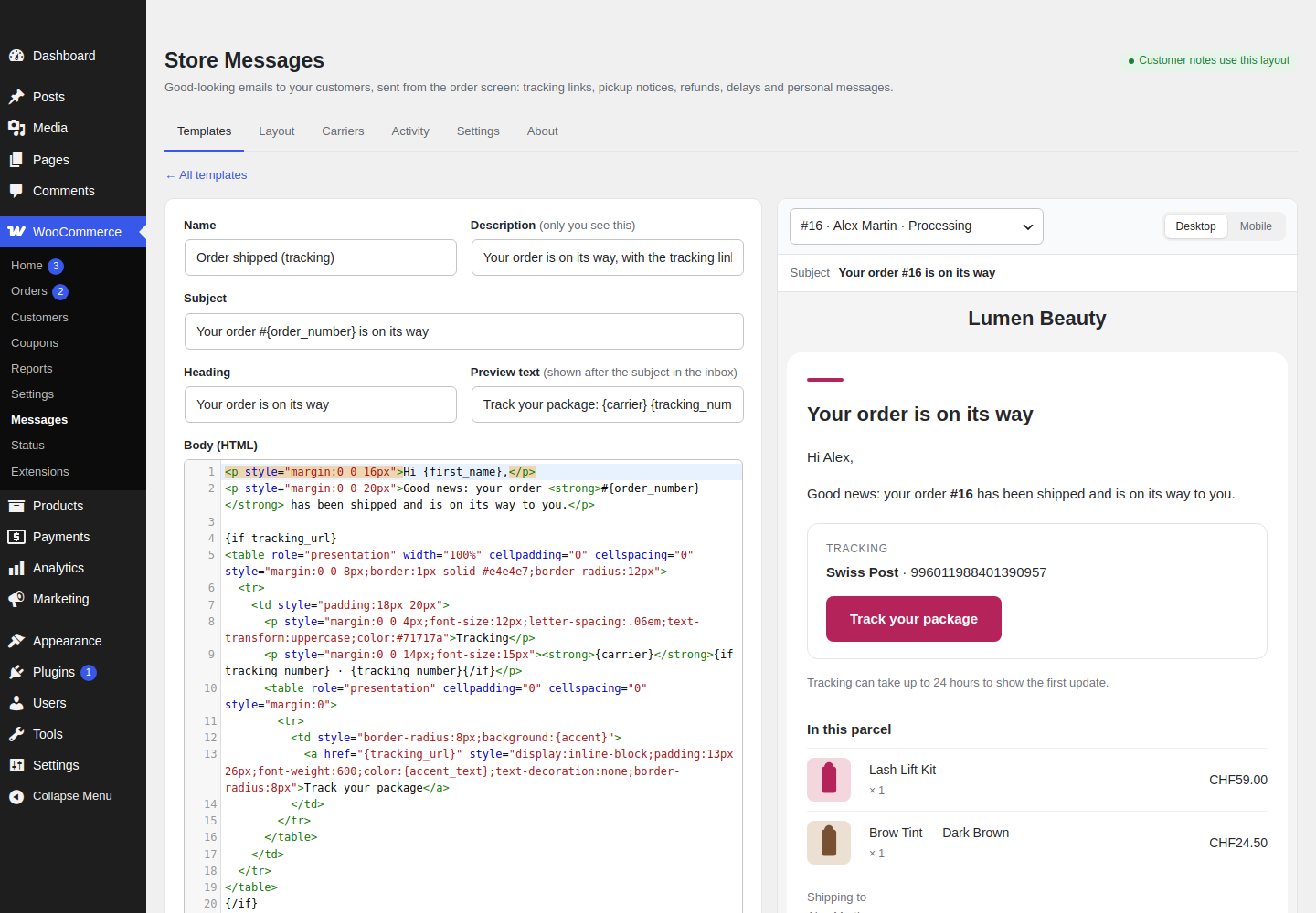 Template editor with live preview