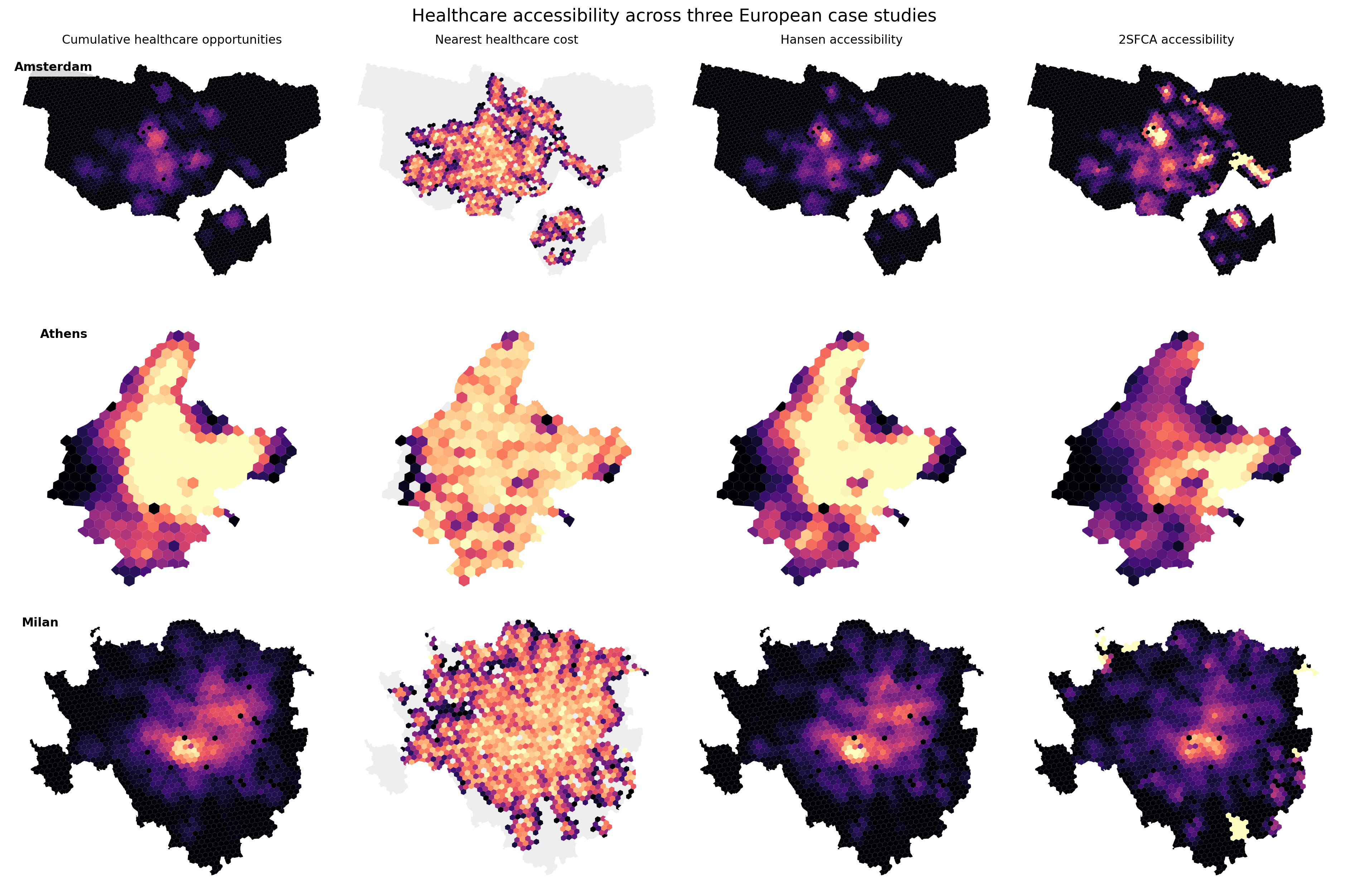 Healthcare accessibility across Amsterdam, Athens, and Milan