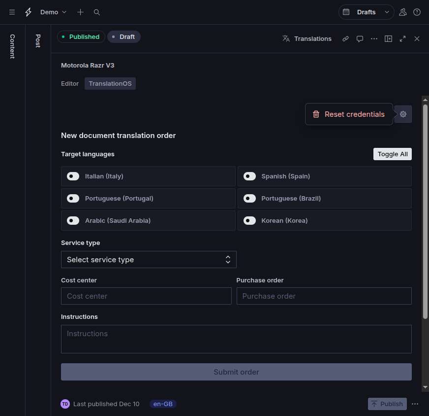 TOS authentication reset