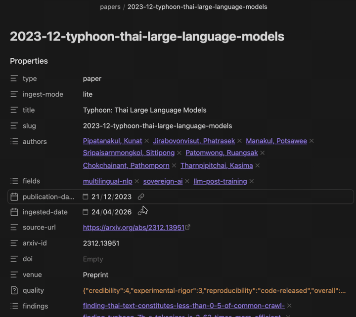 Per-paper info page with 4-section summary, findings, and edges