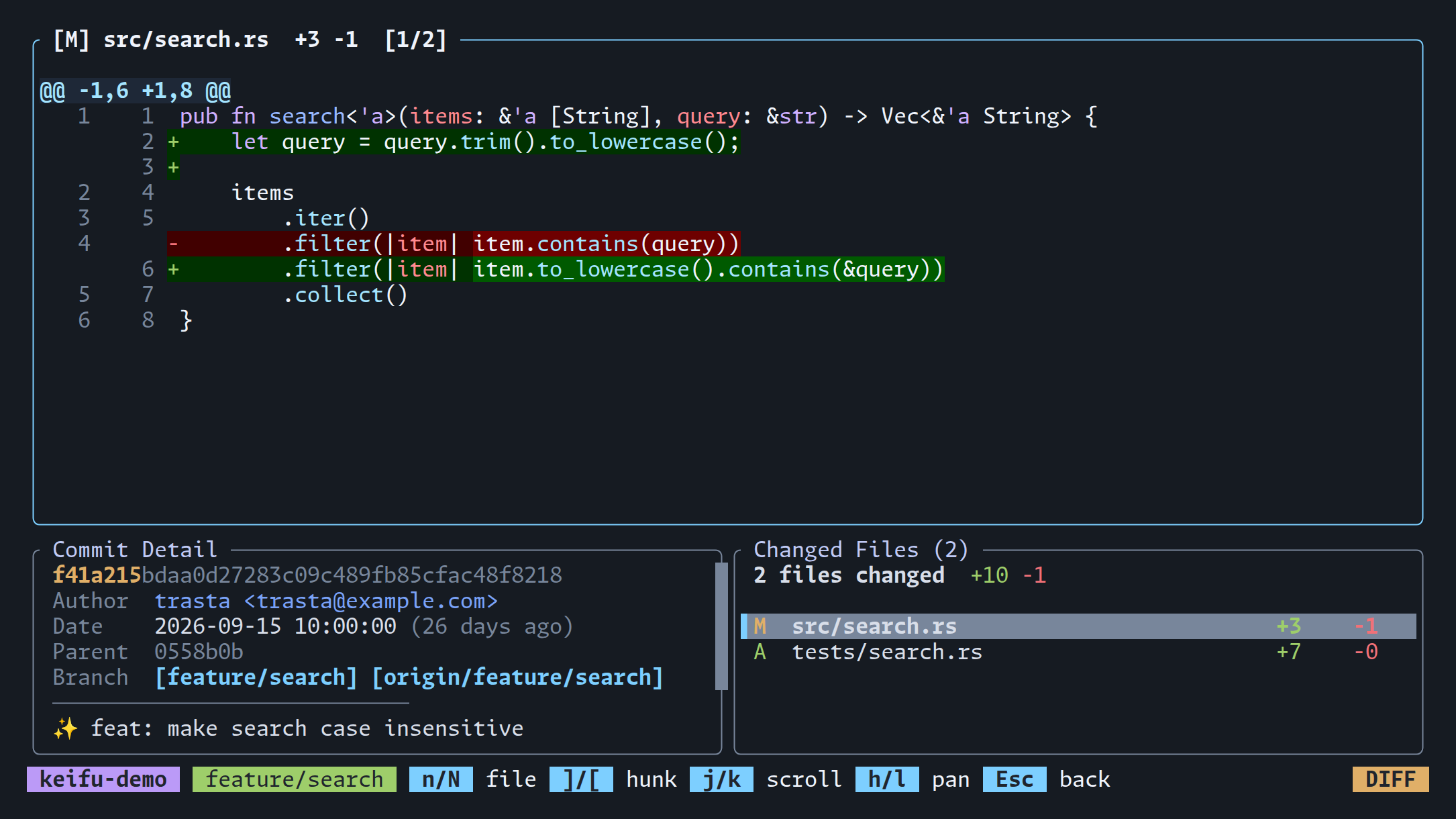 A Rust file diff with highlighted changes, commit details, and the file list still visible