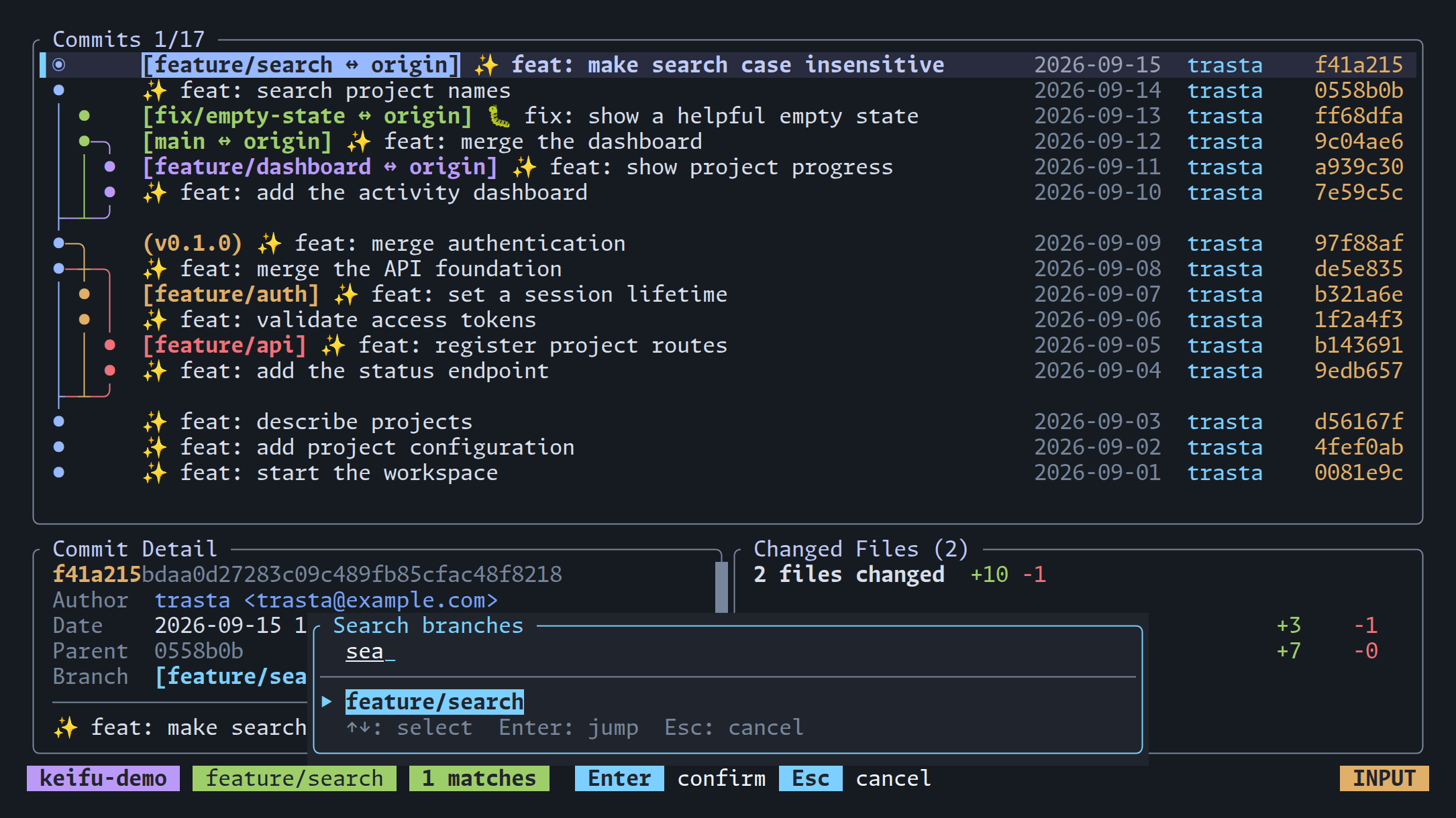 Branch search filtering the graph's branches as a query is typed
