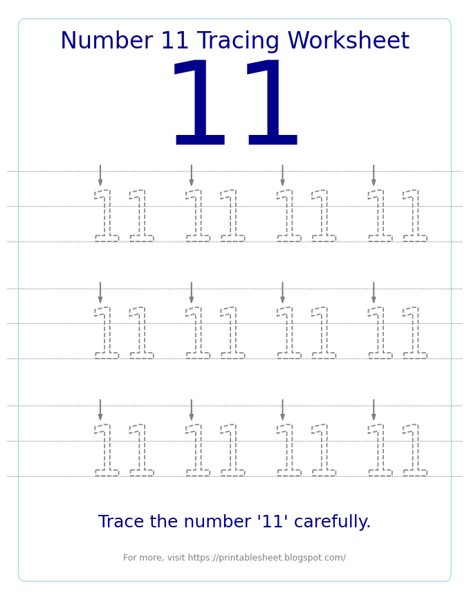 Free Printable Number 11 Tracing Worksheet for Preschool and Kindergarten