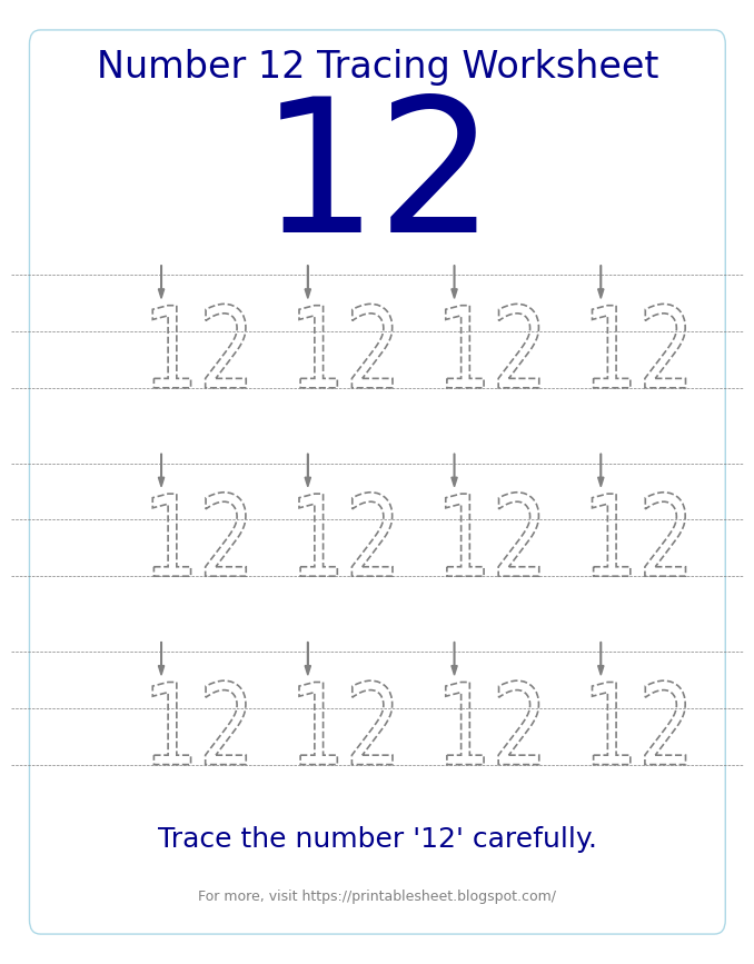 Free Printable Number 12 Tracing Worksheet for Preschool and Kindergarten