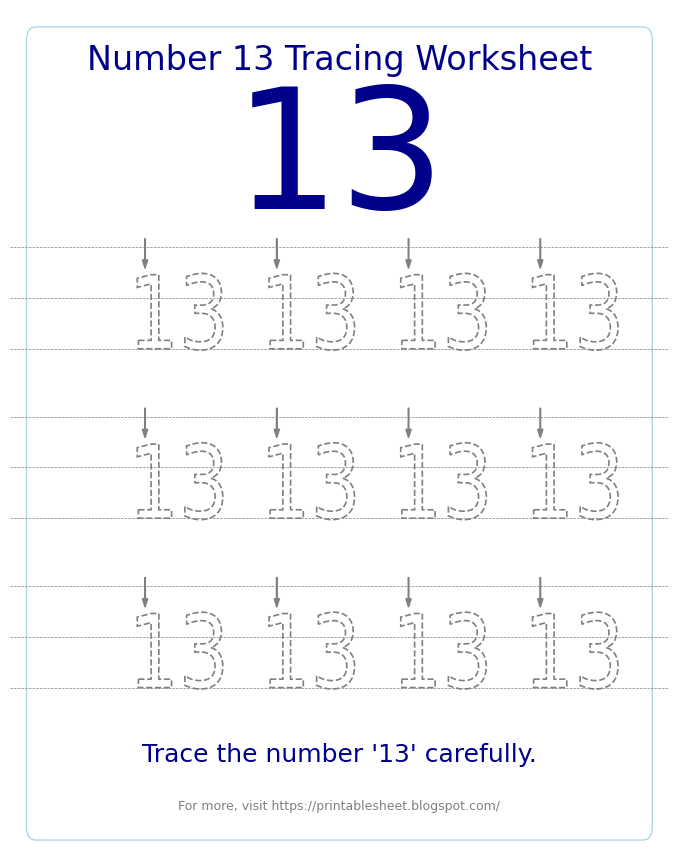 Free Printable Number 13 Tracing Worksheet for Preschool and Kindergarten
