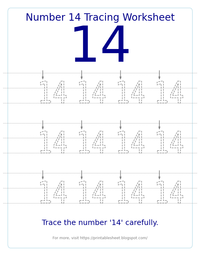 Free Printable Number 14 Tracing Worksheet for Preschool and Kindergarten
