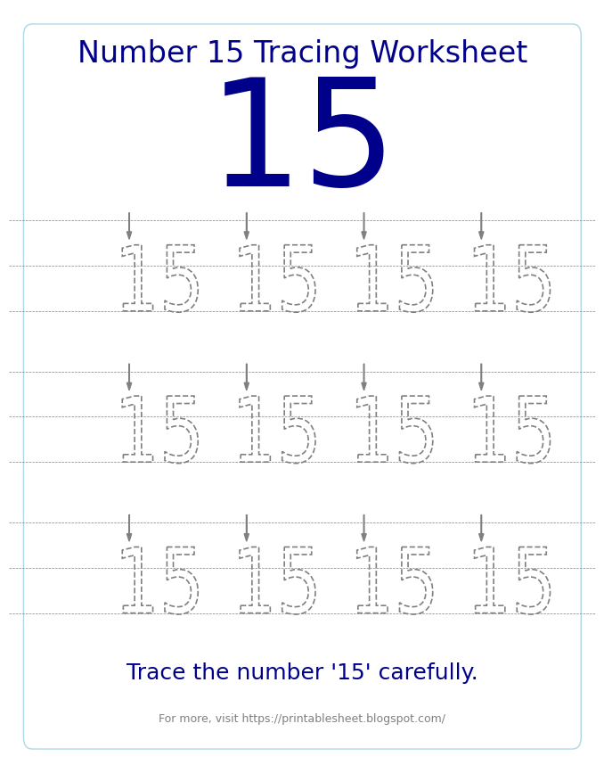 Free Printable Number 15 Tracing Worksheet for Preschool and Kindergarten