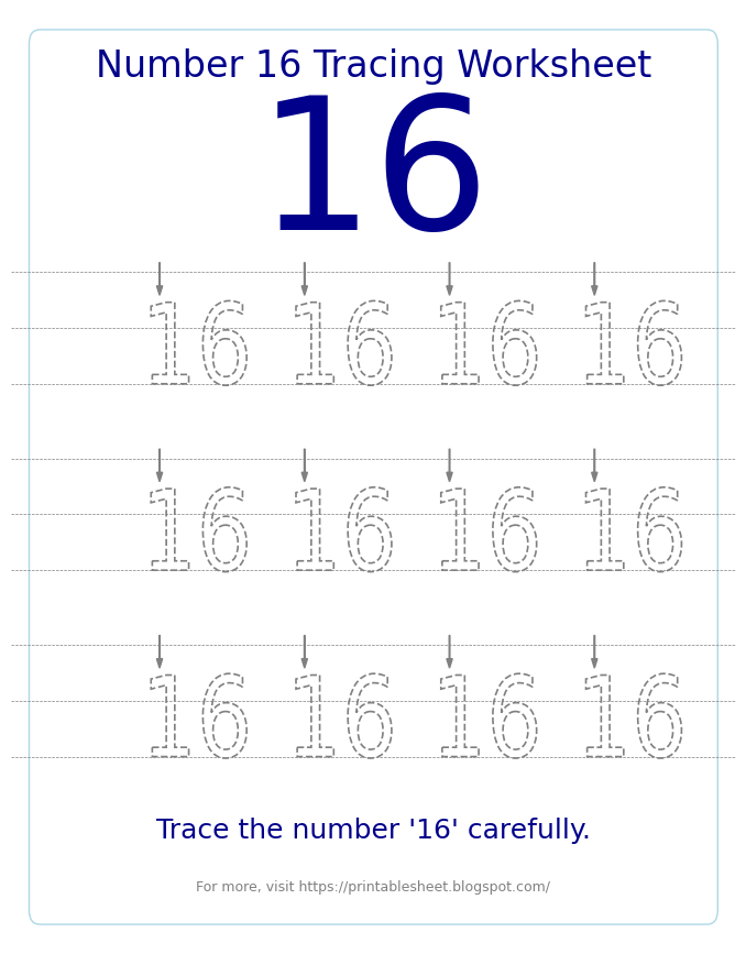 Free Printable Number 16 Tracing Worksheet for Preschool and Kindergarten