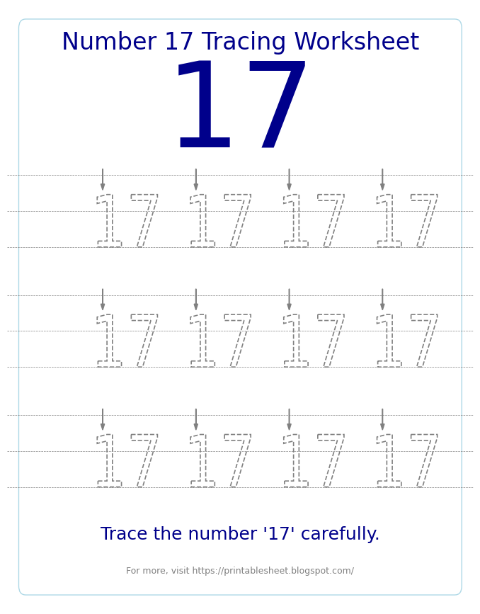 Free Printable Number 17 Tracing Worksheet for Preschool and Kindergarten