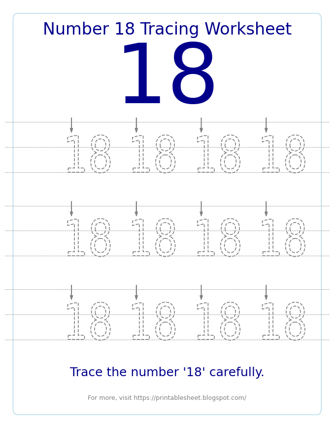 Free Printable Number 18 Tracing Worksheet for Preschool and Kindergarten