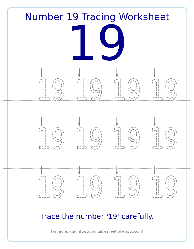 Free Printable Number 19 Tracing Worksheet for Preschool and Kindergarten