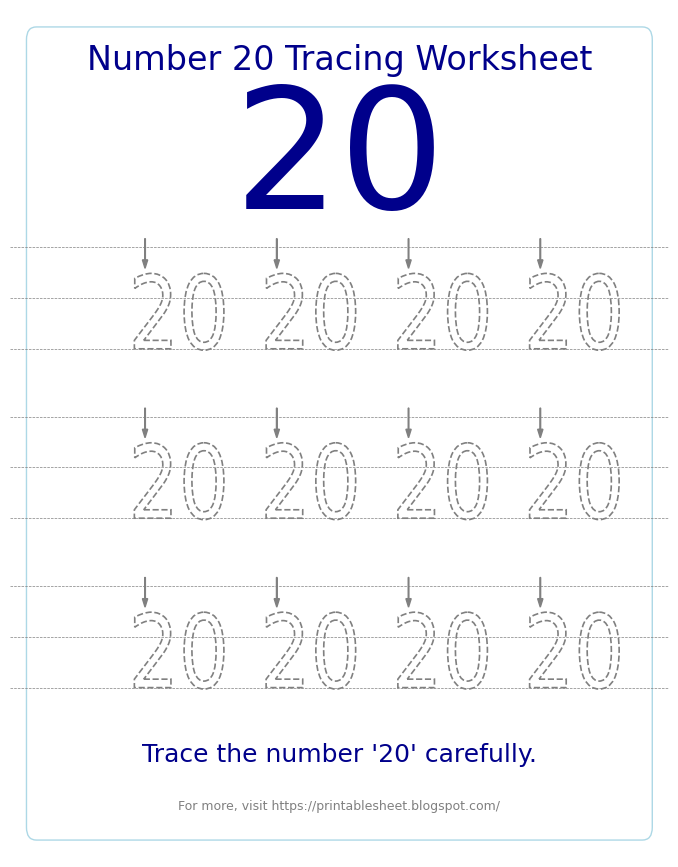 Free Printable Number 20 Tracing Worksheet for Preschool and Kindergarten