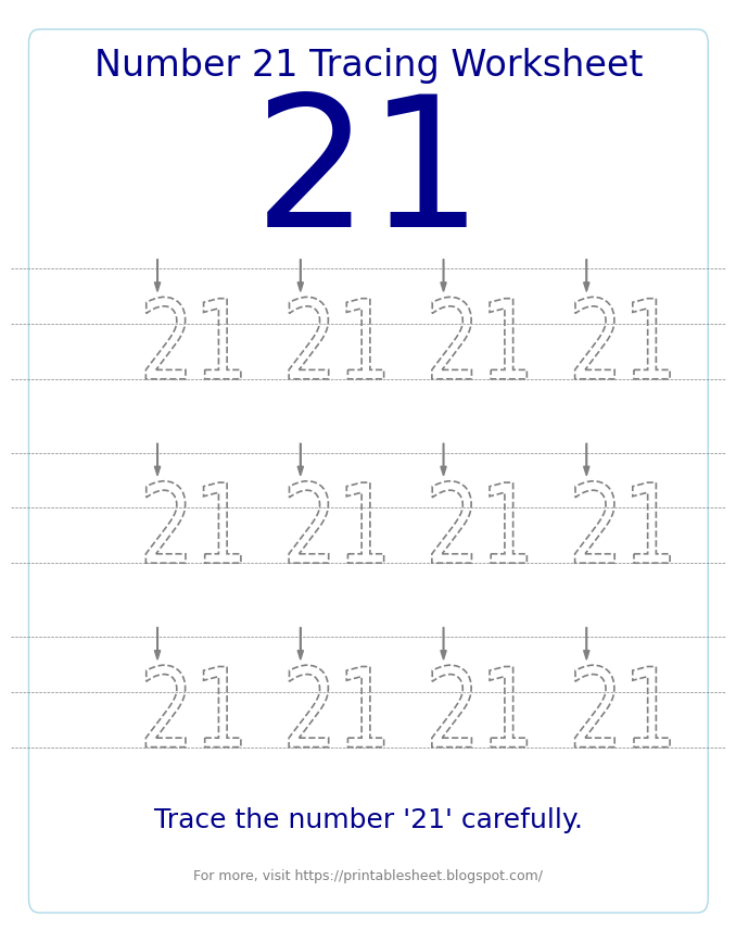 Free Printable Number 21 Tracing Worksheet for Preschool and Kindergarten