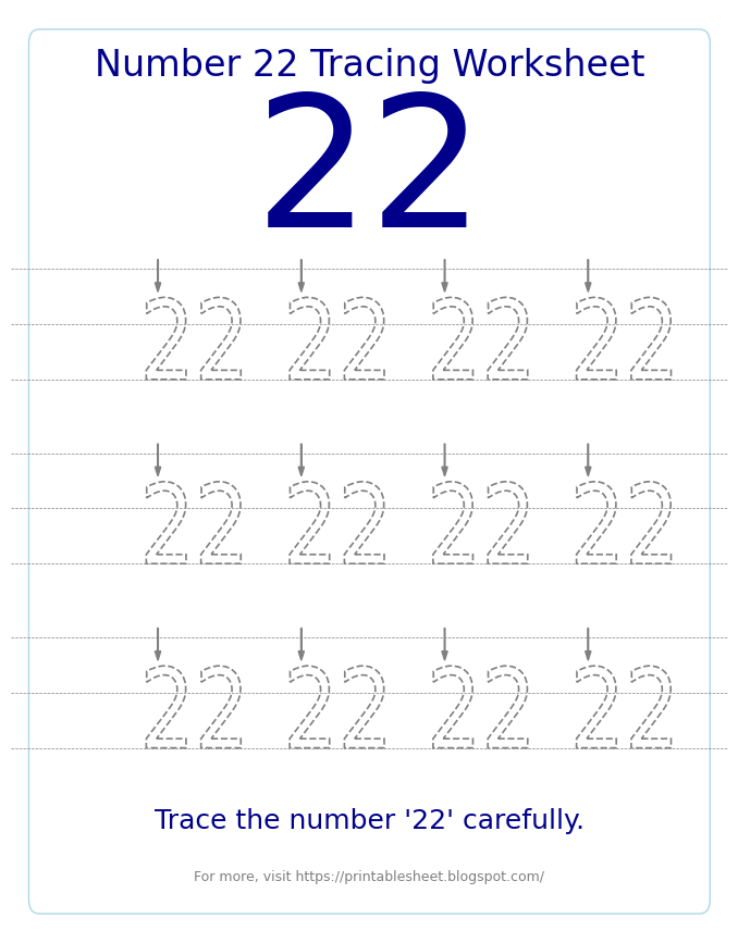Free Printable Number 22 Tracing Worksheet for Preschool and Kindergarten