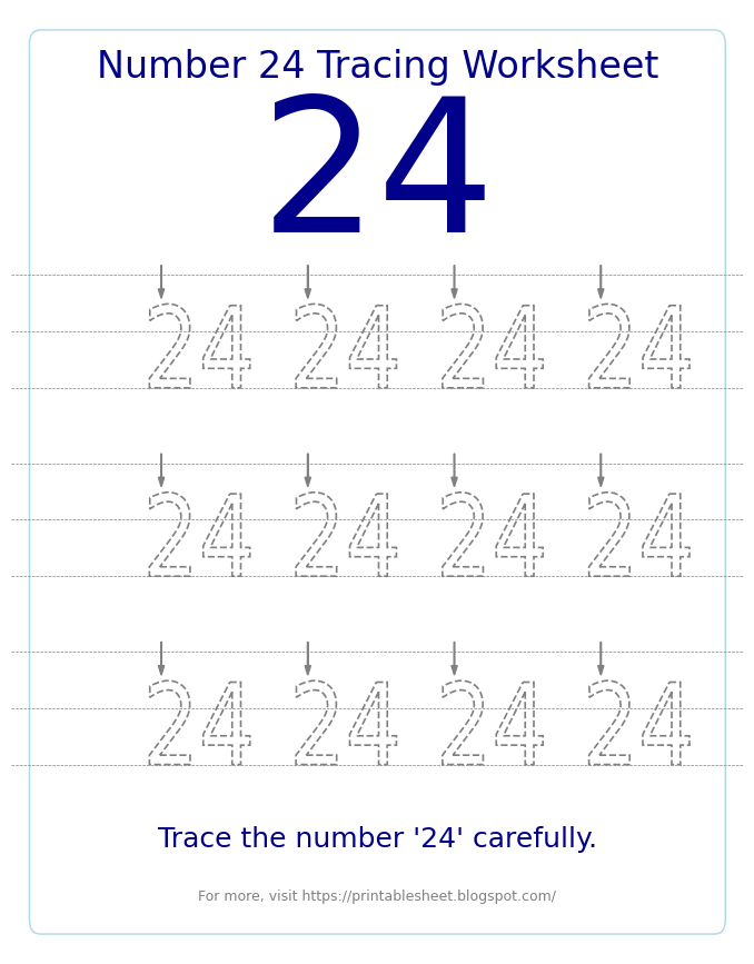 Free Printable Number 24 Tracing Worksheet for Preschool and Kindergarten