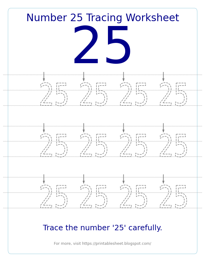 Free Printable Number 25 Tracing Worksheet for Preschool and Kindergarten