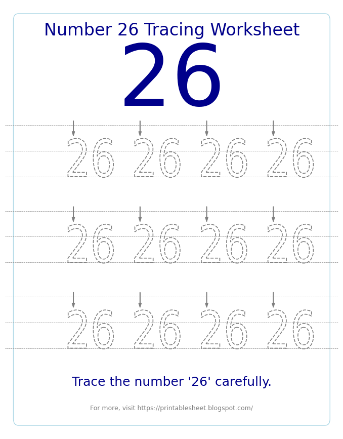 Free Printable Number 26 Tracing Worksheet for Preschool and Kindergarten