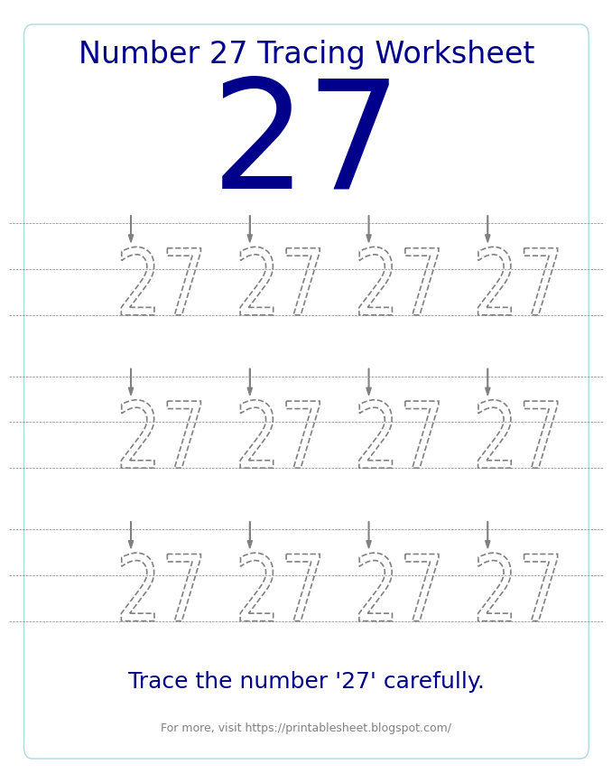 Free Printable Number 27 Tracing Worksheet for Preschool and Kindergarten