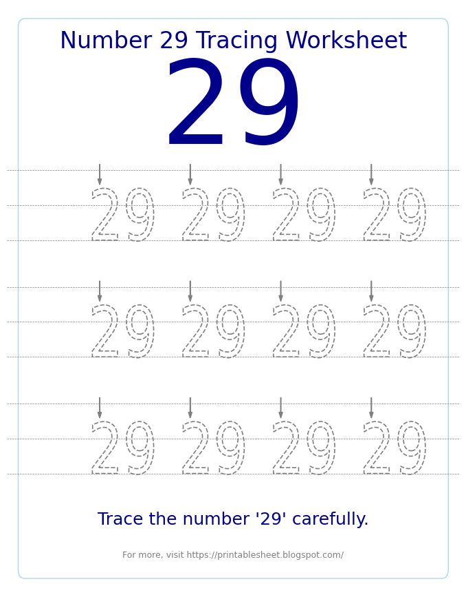 Free Printable Number 29 Tracing Worksheet for Preschool and Kindergarten