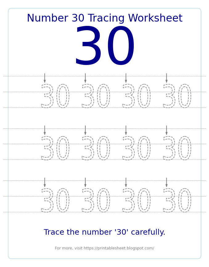 Free Printable Number 30 Tracing Worksheet for Preschool and Kindergarten