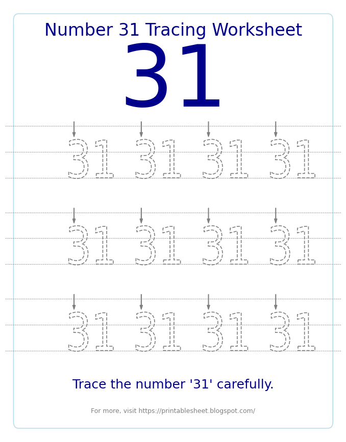 Free Printable Number 31 Tracing Worksheet for Preschool and Kindergarten