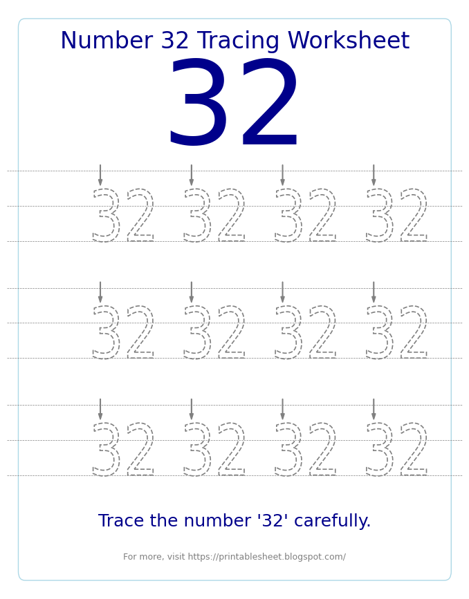 Free Printable Number 32 Tracing Worksheet for Preschool and Kindergarten