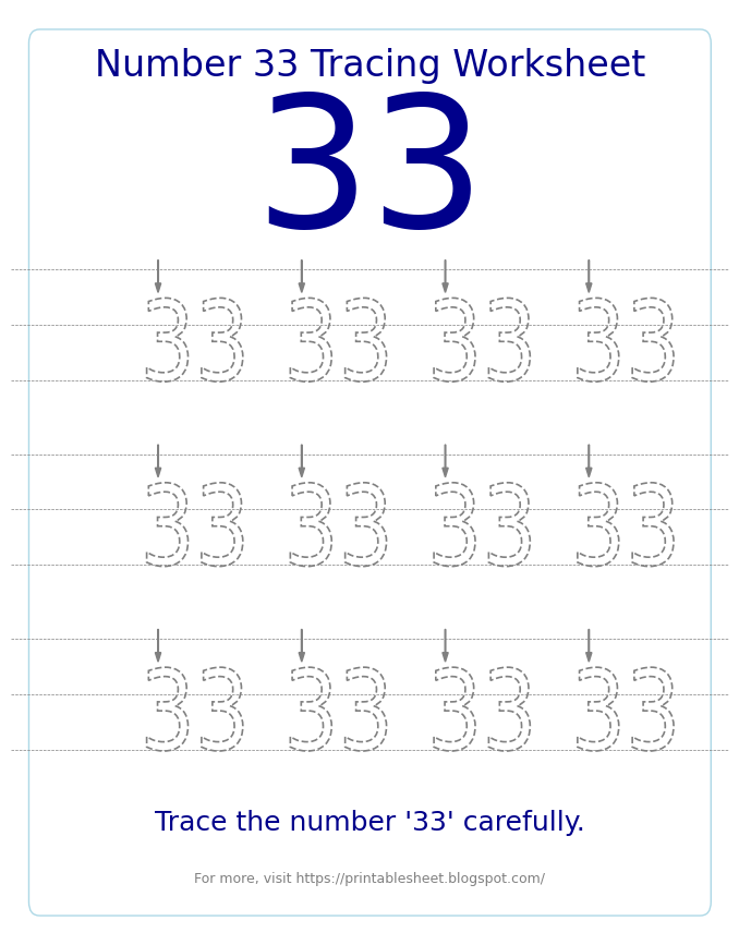 Free Printable Number 33 Tracing Worksheet for Preschool and Kindergarten