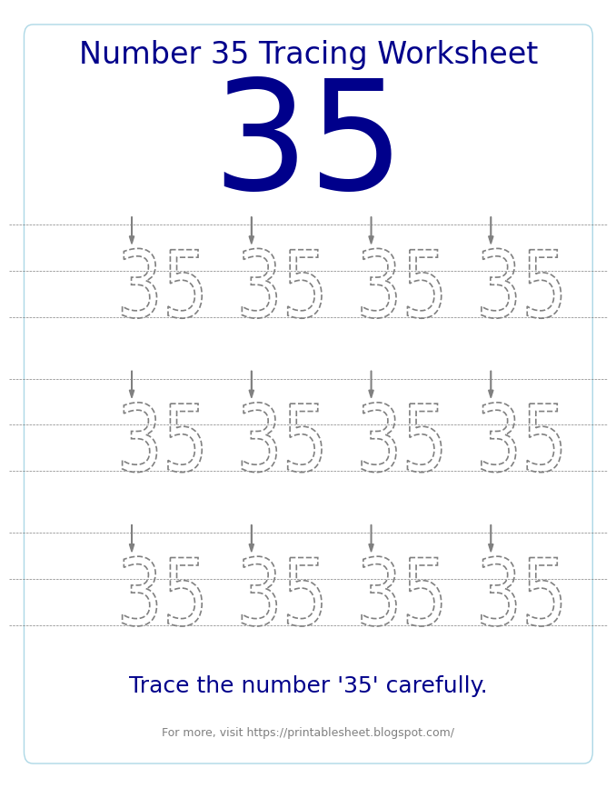 Free Printable Number 35 Tracing Worksheet for Preschool and Kindergarten