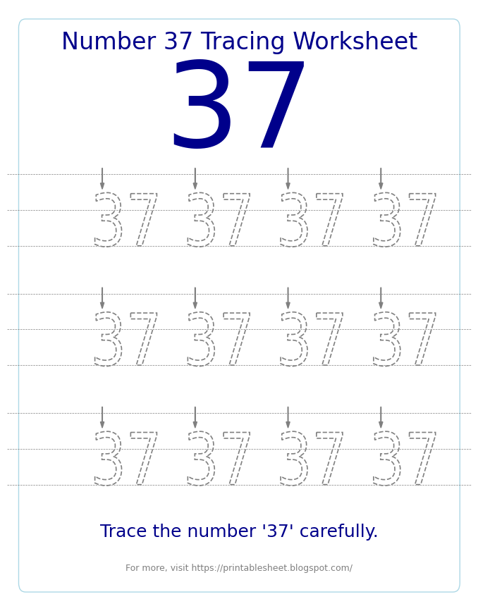 Free Printable Number 37 Tracing Worksheet for Preschool and Kindergarten