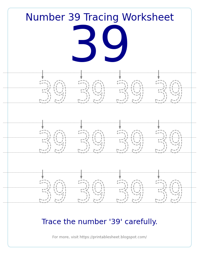 Free Printable Number 39 Tracing Worksheet for Preschool and Kindergarten