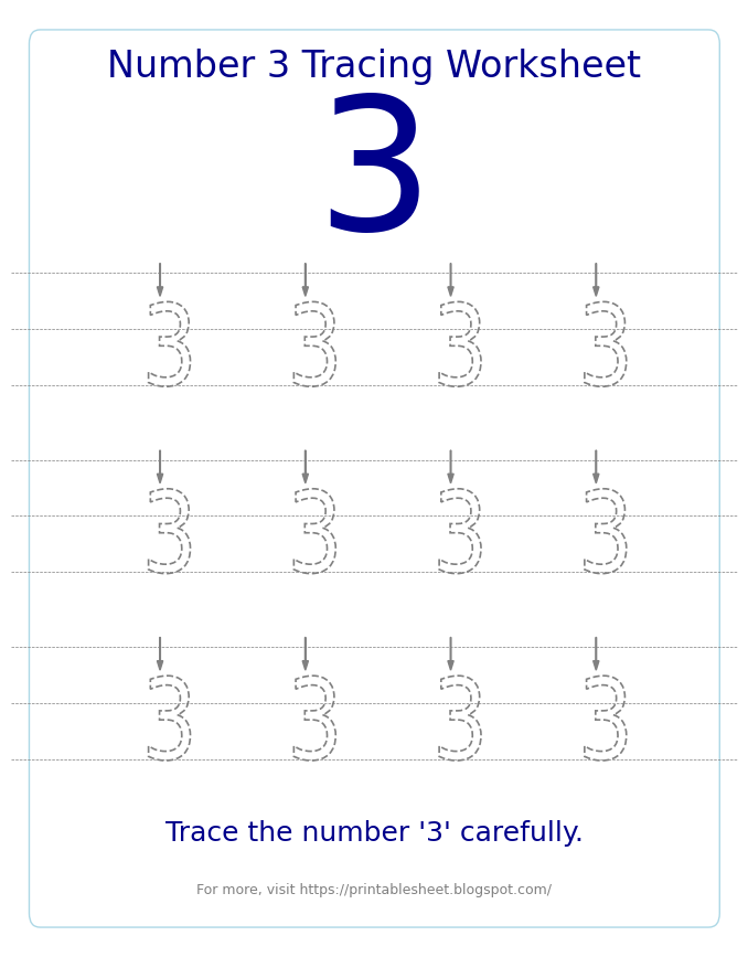 Free Printable Number 3 Tracing Worksheet for Preschool and Kindergarten