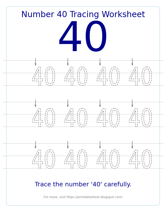Free Printable Number 40 Tracing Worksheet for Preschool and Kindergarten