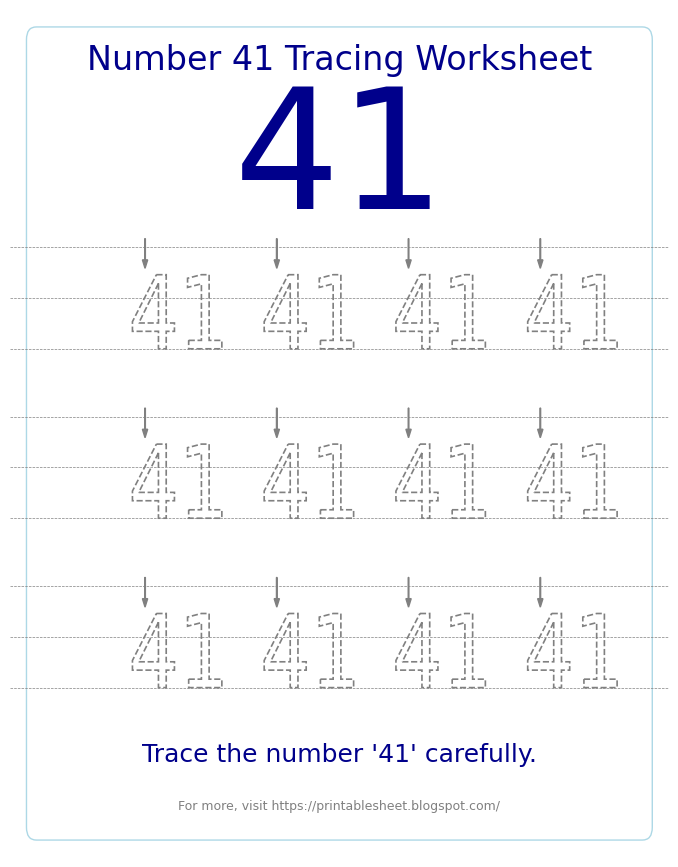 Free Printable Number 41 Tracing Worksheet for Preschool and Kindergarten