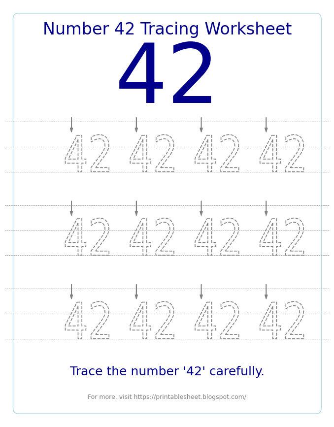 Free Printable Number 42 Tracing Worksheet for Preschool and Kindergarten