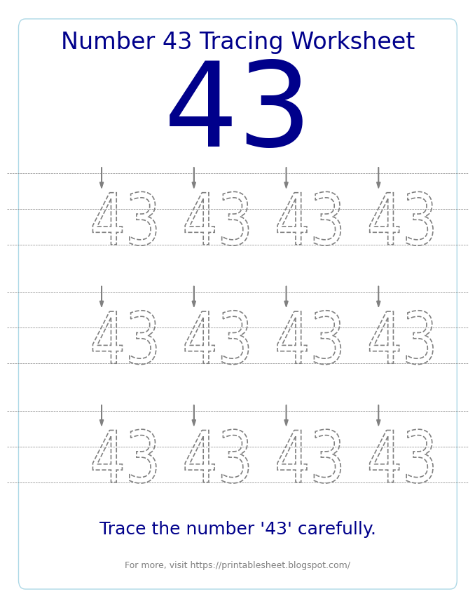 Free Printable Number 43 Tracing Worksheet for Preschool and Kindergarten