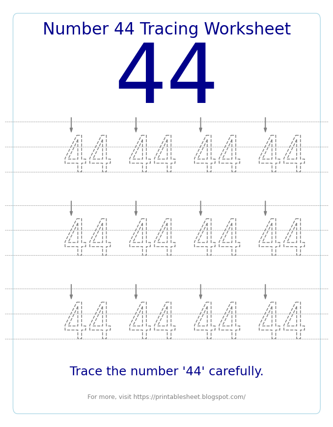 Free Printable Number 44 Tracing Worksheet for Preschool and Kindergarten