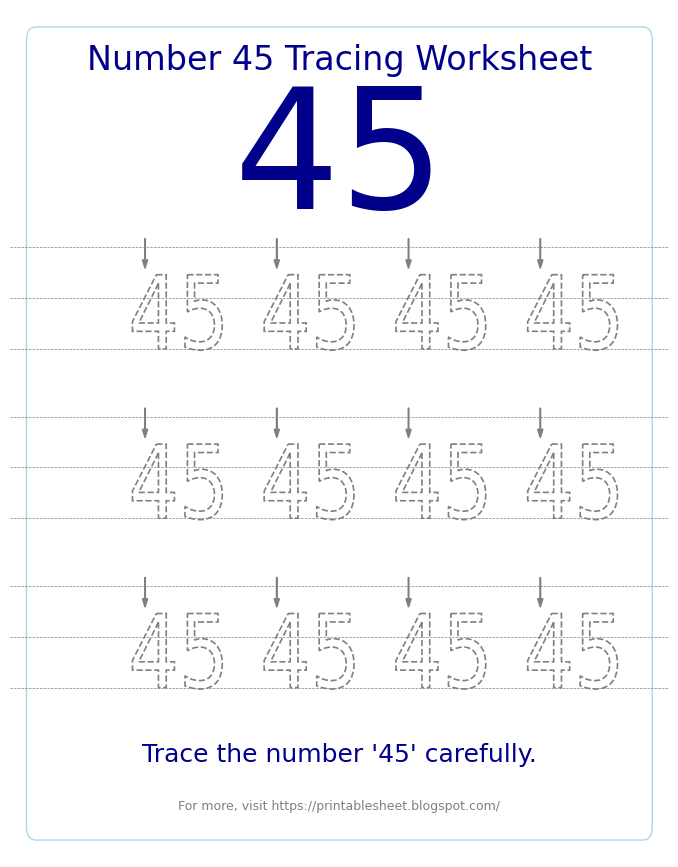 Free Printable Number 45 Tracing Worksheet for Preschool and Kindergarten