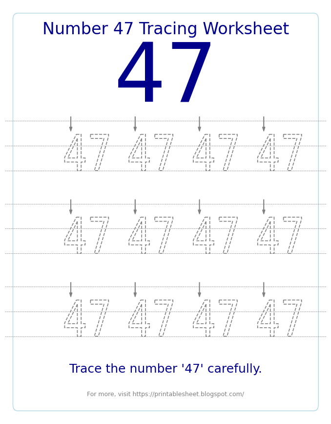 Free Printable Number 47 Tracing Worksheet for Preschool and Kindergarten