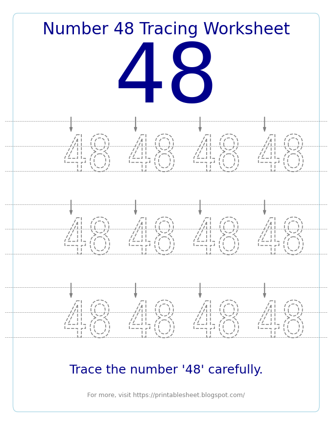 Free Printable Number 48 Tracing Worksheet for Preschool and Kindergarten